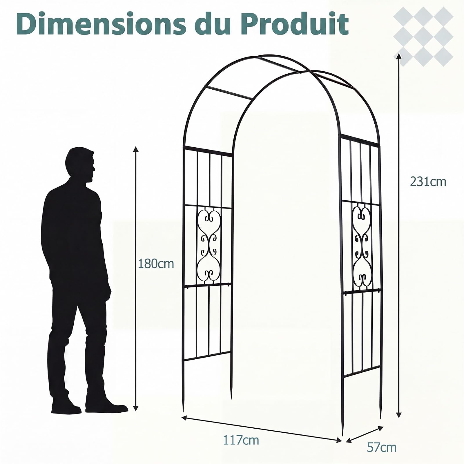 GYMAX Arche de Jardin en Métal, Treillis à Rosiers Extérieure | 117 x 57 x 231 cm, Sommet Arrond, Motifs Décoratifs, Support pour Plantes Grimpantes, Déco pour Pelouse Allée Mariage Fête
