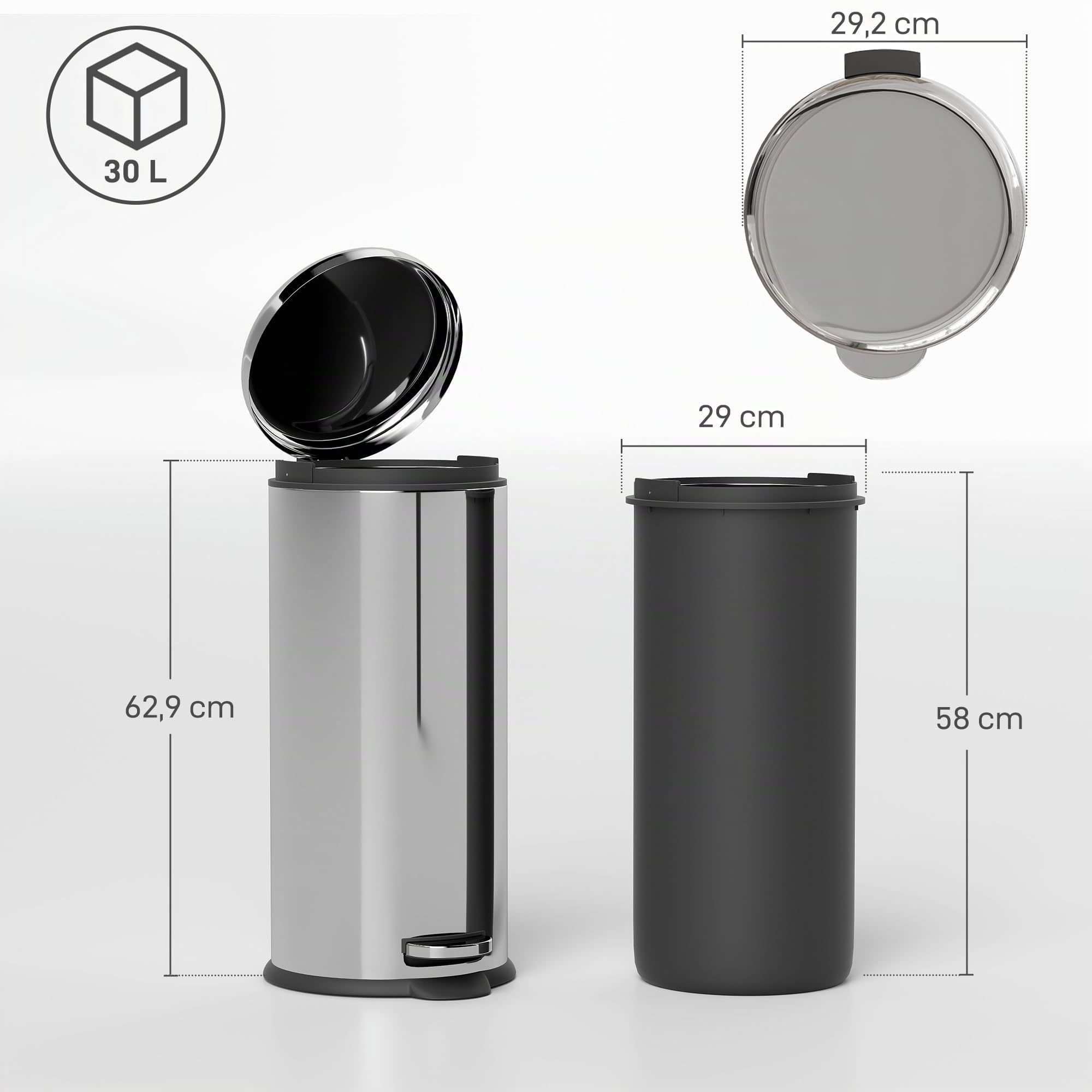 HOMCOM Cubo de Basura con Apertura a Pedal 30 L Ф29,2x62,9 cm Plateado | Basurero Automático, Cierre Interno Extraíble, Acero Inoxidable