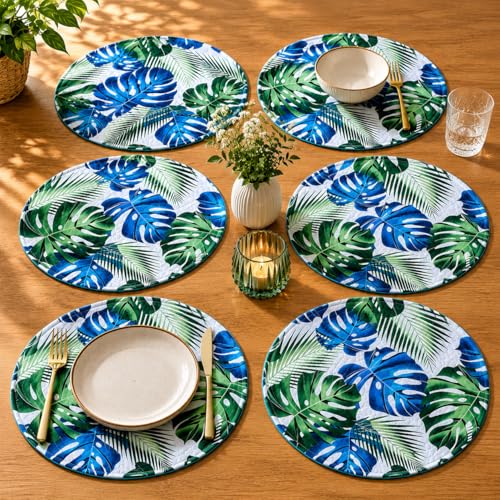 Image of Jute Cotton Round Table Mats Set of 6 - Dining Table mat 6 Pieces Waterproof, Elegant and Durable for Dining Table (Green Leaf)