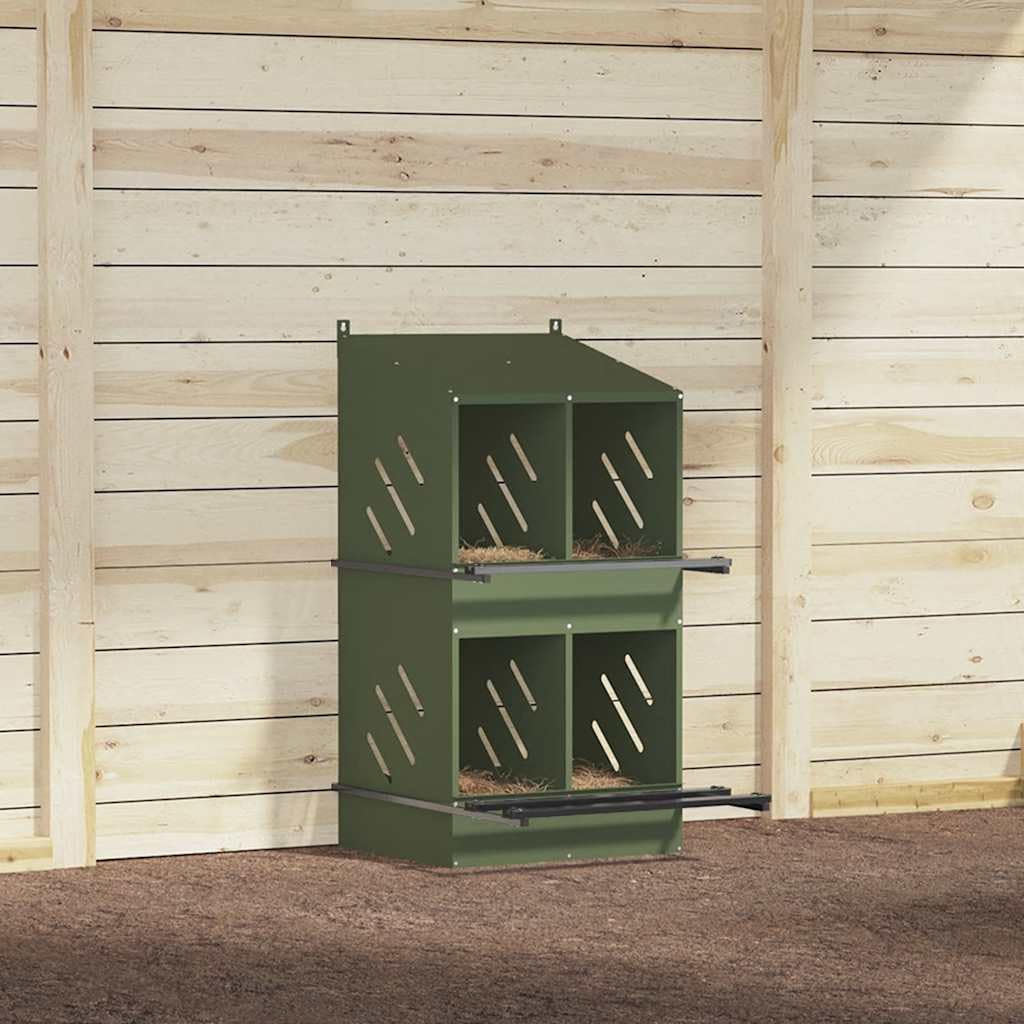 Nido per polli con 4 scomparti, in metallo verde oliva, robusta lamiera zincata, 54 x 79 x 109,5 cm, resistente alle intemperie, con posatoi, fondo rimovibile, per stalla, giardino