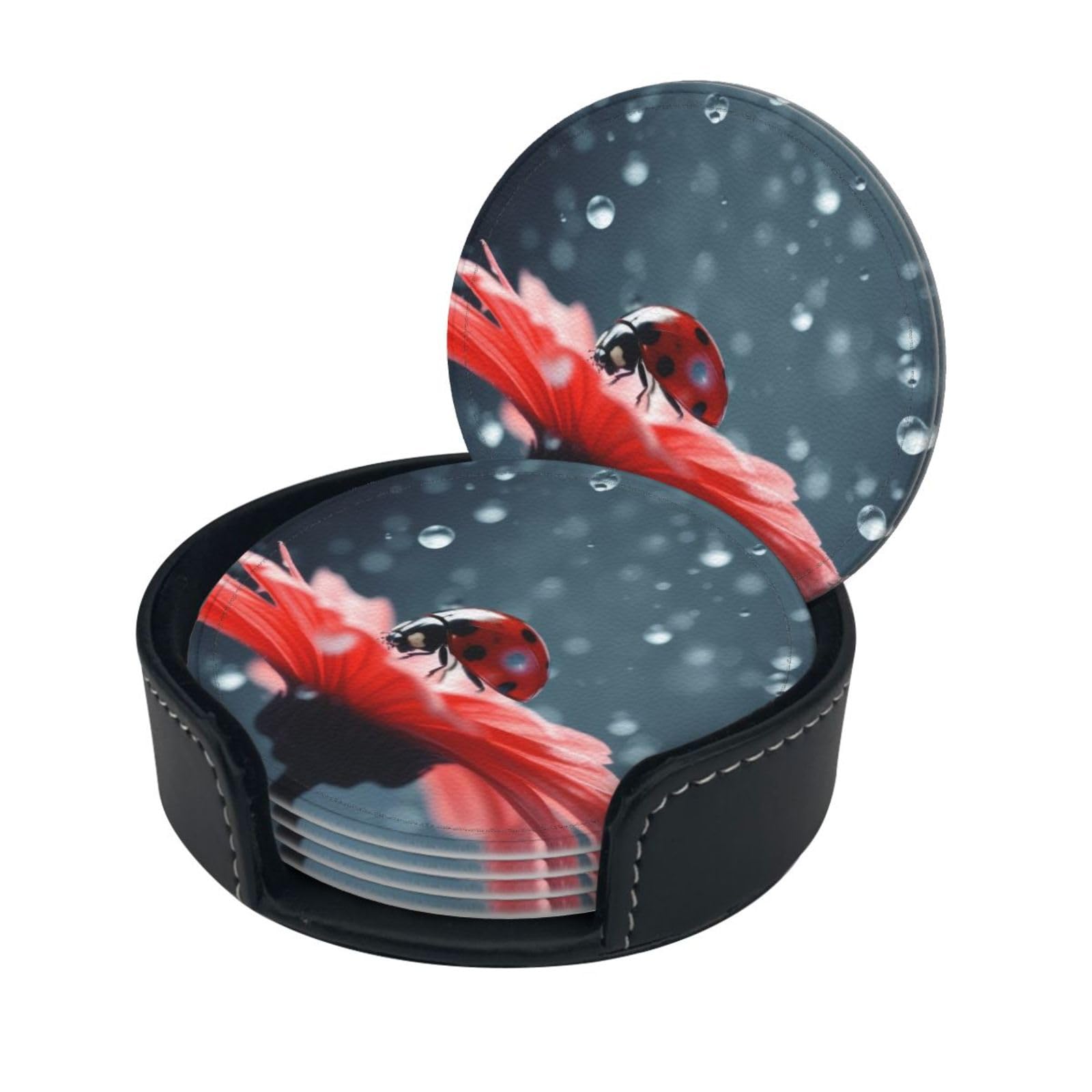 Smazdfxx Women's As Pic Stylish Coasters - Ladybug On Daisy Flower Set Of 6 Round Leather Drink Coasters With Holder - Perfect Size For Cups And Glasses