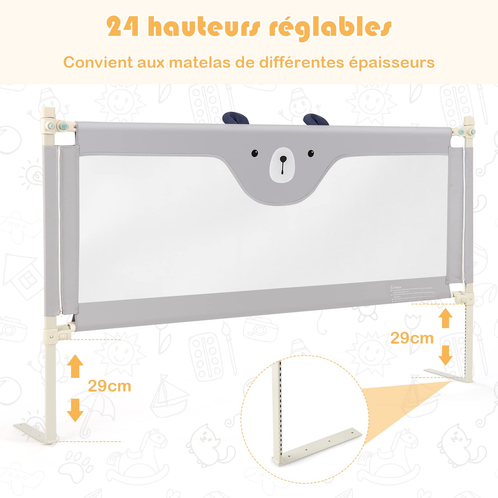 GOPLUS Barrière de Sécurité Enfant Lit Pliable, Barrière de Lit Enfant Bébé 0-3 Ans, Bords Arrondis et Maille Respirante (Gris+Motif Ours, 174,5×25×72,5 CM)