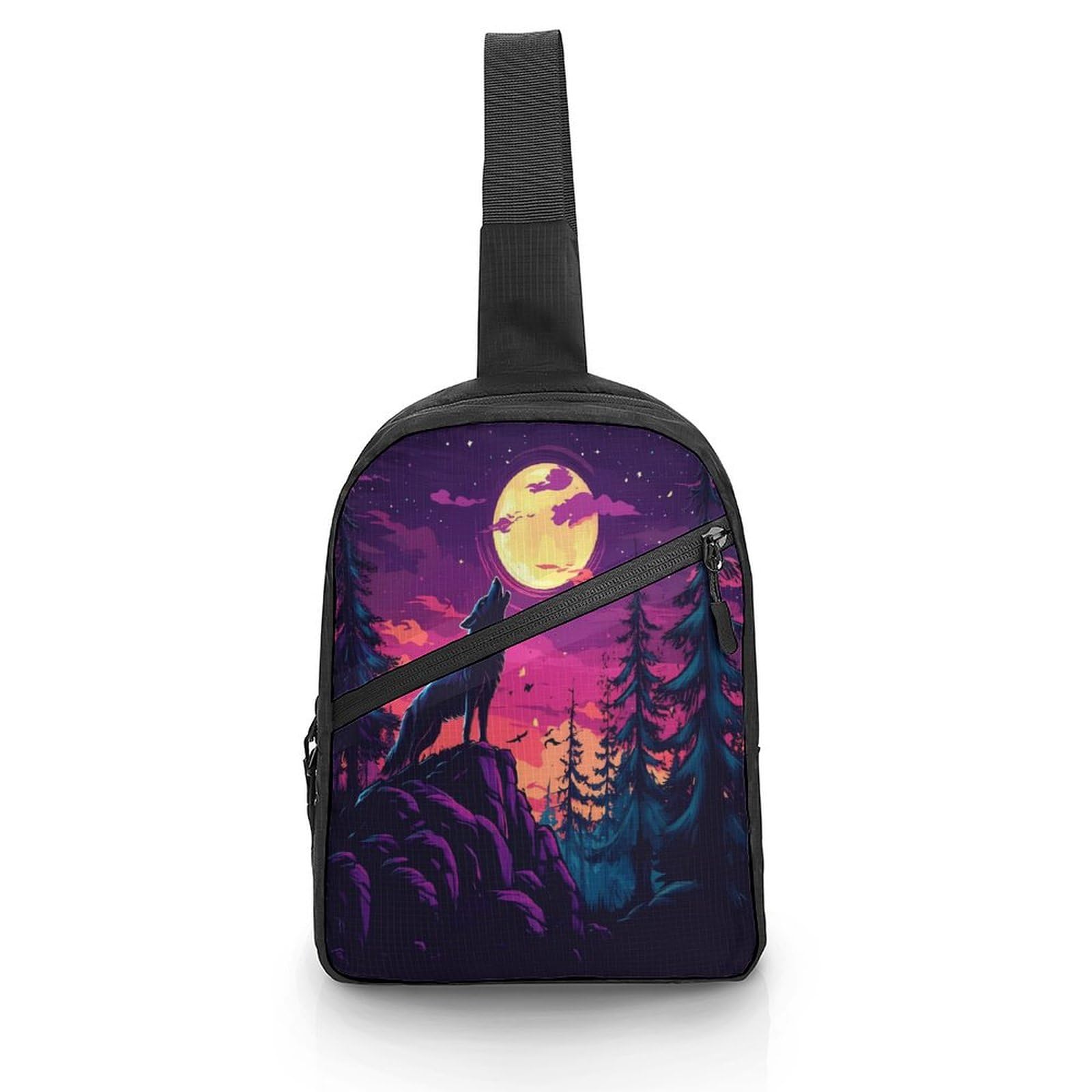 Wolf Howling at The Moon Chest Bag Foldable Crossbody Unisex Pack Travel Hiking Adjustable Shoulder Straps Sling Bags