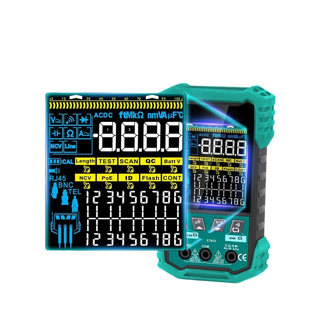 2 w 1 tester kabli sieciowych i multimetr, pomiar długości 2,5-400 m, test PoE/NCV, tester kabli RJ45/BNC z wyświetlaczem LCD, funkcją multimetru ET623, czarny/zielony