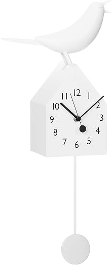 Torre & Tagus Motion Birdhouse Wall Clock with Beak Movement and Detachable Pendulum - Mid Century Modern Bird House Wall Decor Gift for Bird Lovers, White