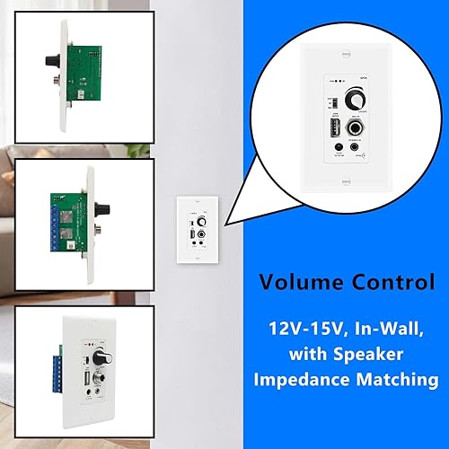 Miniatura 4 de Amplificador de pared compatible con Bluetooth 4 canales, control de volumen, placa de pared con entradas USBMICAUX (0.138 in) Bloque de terminales