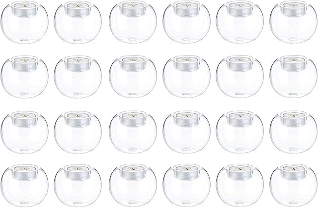 Nuptio 24 Pcs Tea Lights Candle Holders Bubble Glass Tealight Candles Holder Table Crystal Votive Tea Light Holders for Party Wedding Christmas Home Dining Tabletop Decor DIY Gifts