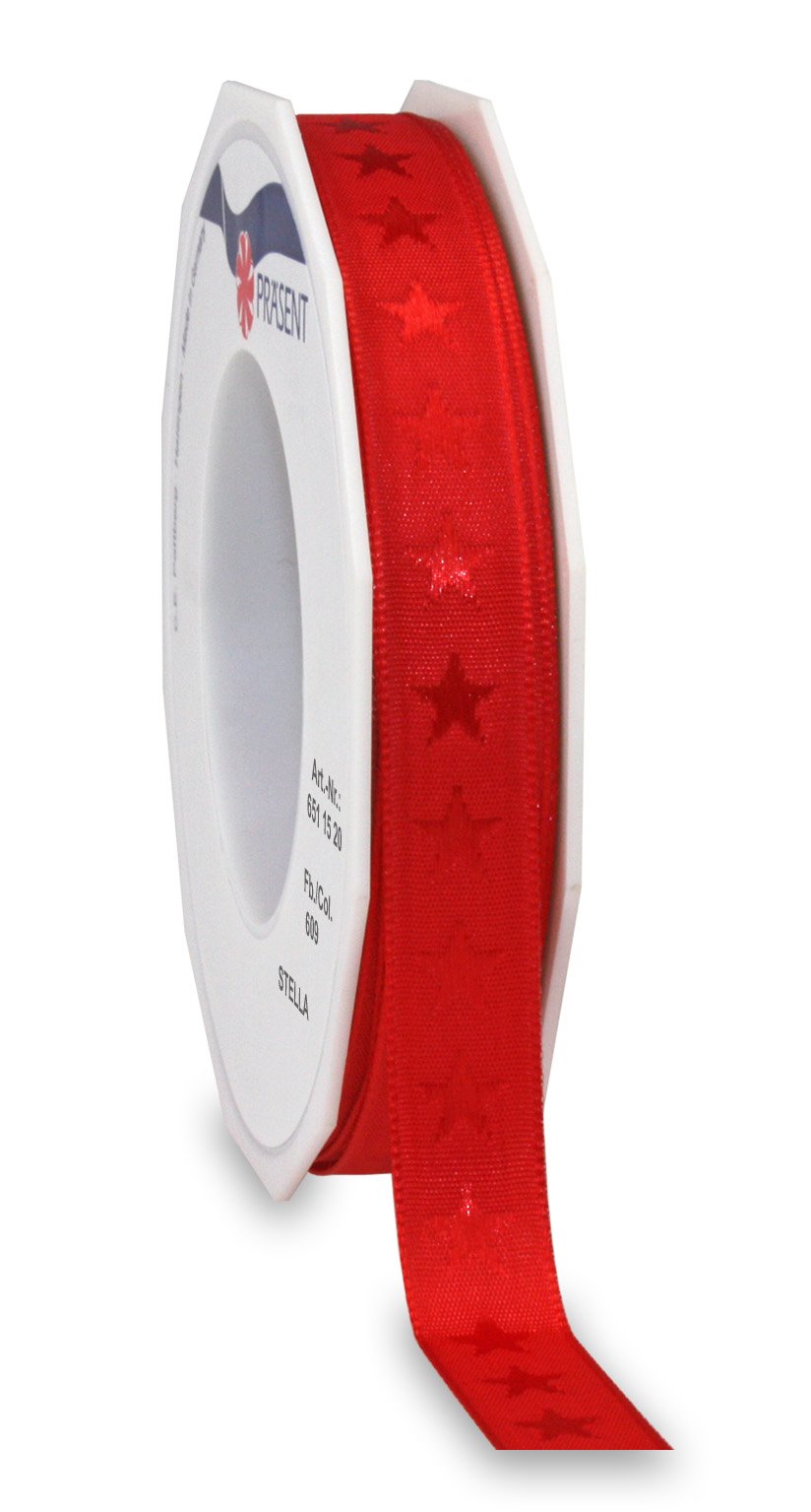 Präsent - Stella Woven Star Ribbon Red 20-m-Roll 15 mm width, Cream