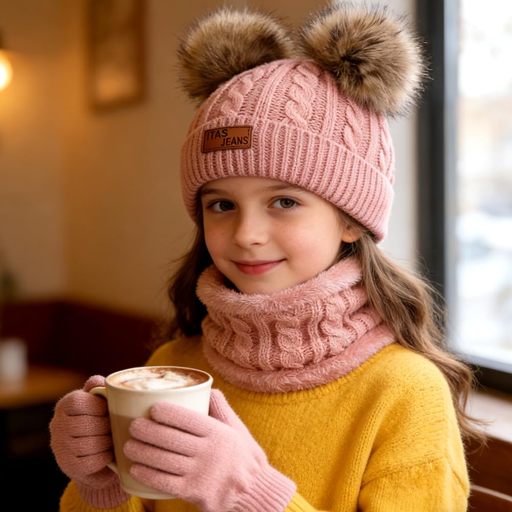 Set de Bufanda Gorro y Guantes, Conjunto de Bufanda Sombrero y Gorro Niño Invierno, Gorros con Pompon Lana NiñoBraga Cuello Polar y guantes de punto cálidos para niño 2-6 Años