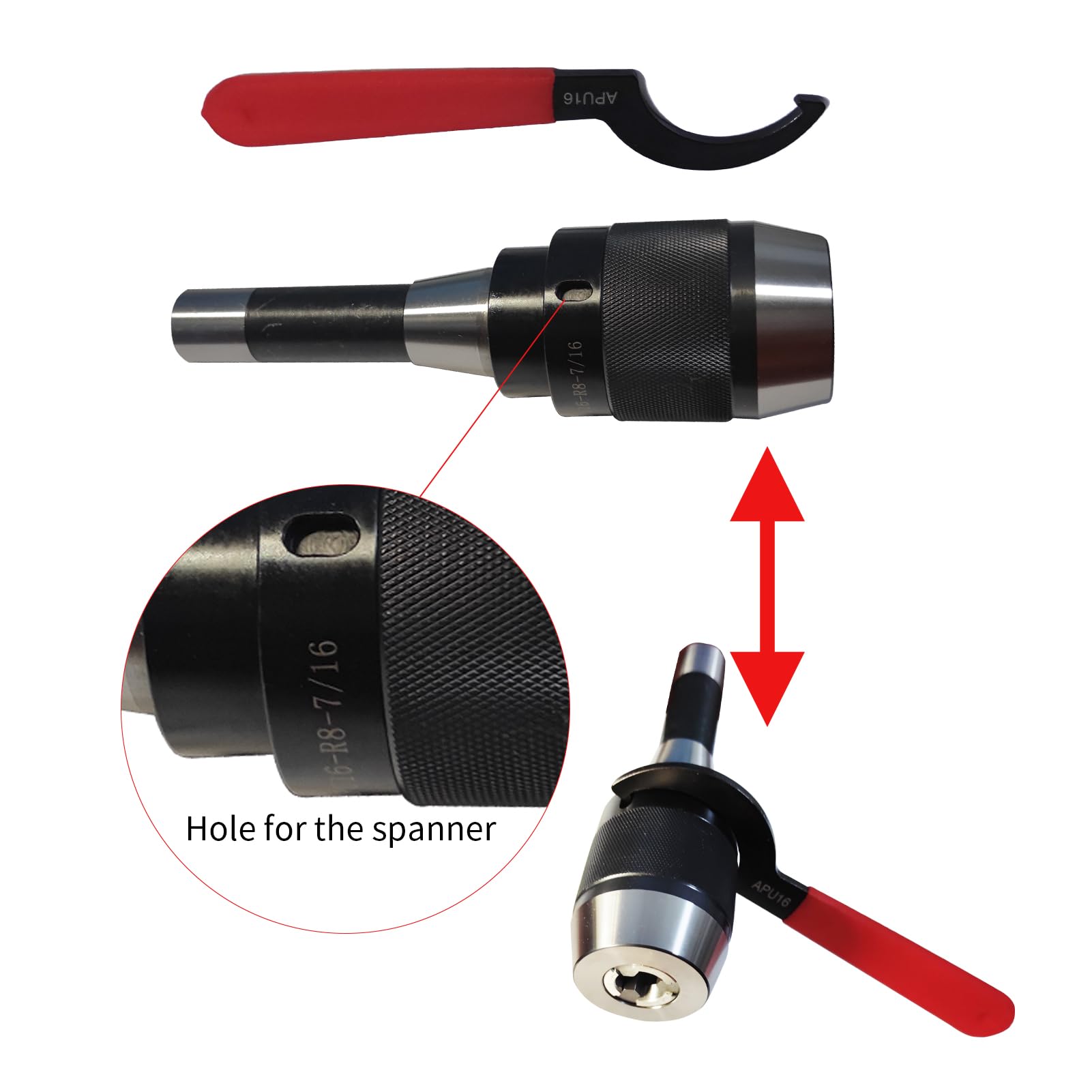 Mandrin de perceuse sans clé de 3 à 16 mm avec filetage de barre d'attelage intégrale R8 7/16"-20 et clé APU16 Mandrin de perceuse auto-serrant
