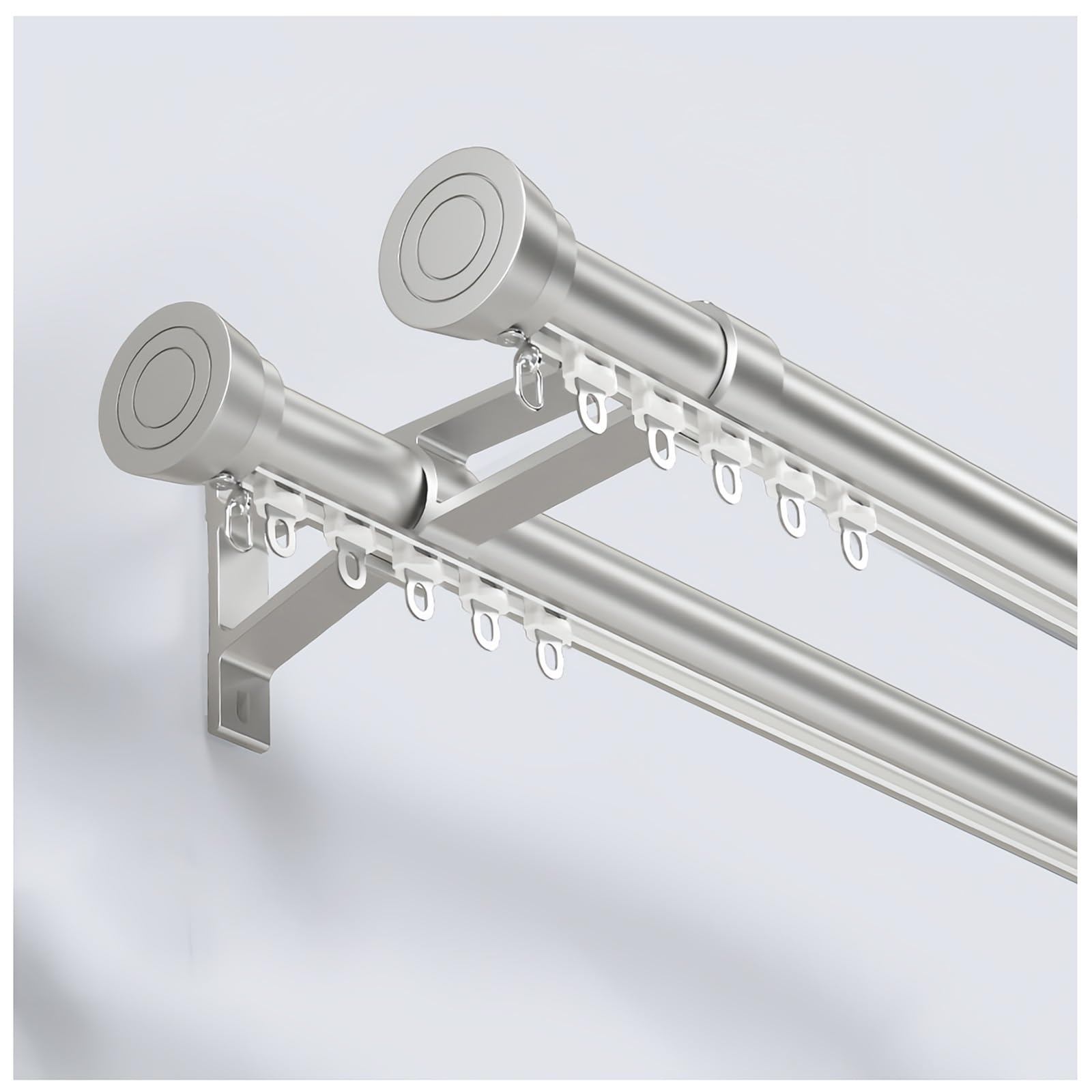 Roman Curtain Track, Double Curtain Rods with Cap Finial & Brackets, Aluminum Rail Silent Curtains Rails System for Shower Bay/Window/RV/Room Divider(Gray,90CM)
