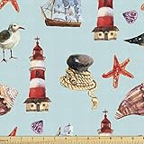 Lunarable Seagulls Fabric by The Yard, Nautical Pattern with Sail Starfish Shell Lighthouse Sailer Marine, Decorative Fabric for Upholstery and Home Accents, 1 Yard, Blue Ivory