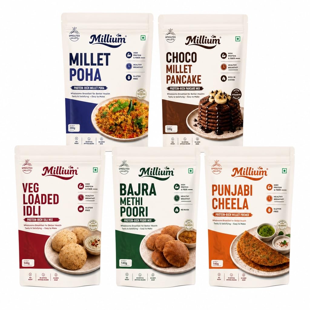 Millium Instant Healthy Breakfast Combo ,5 days variety healthy Breakfast Mix (Punjabi cheela, Choco Millet Pancakes,Soft Veg loaded Idli,Milet Flakes,Bajra methi Puri),Gluten-Free ,ready to cook Breakfast Mix-image-9