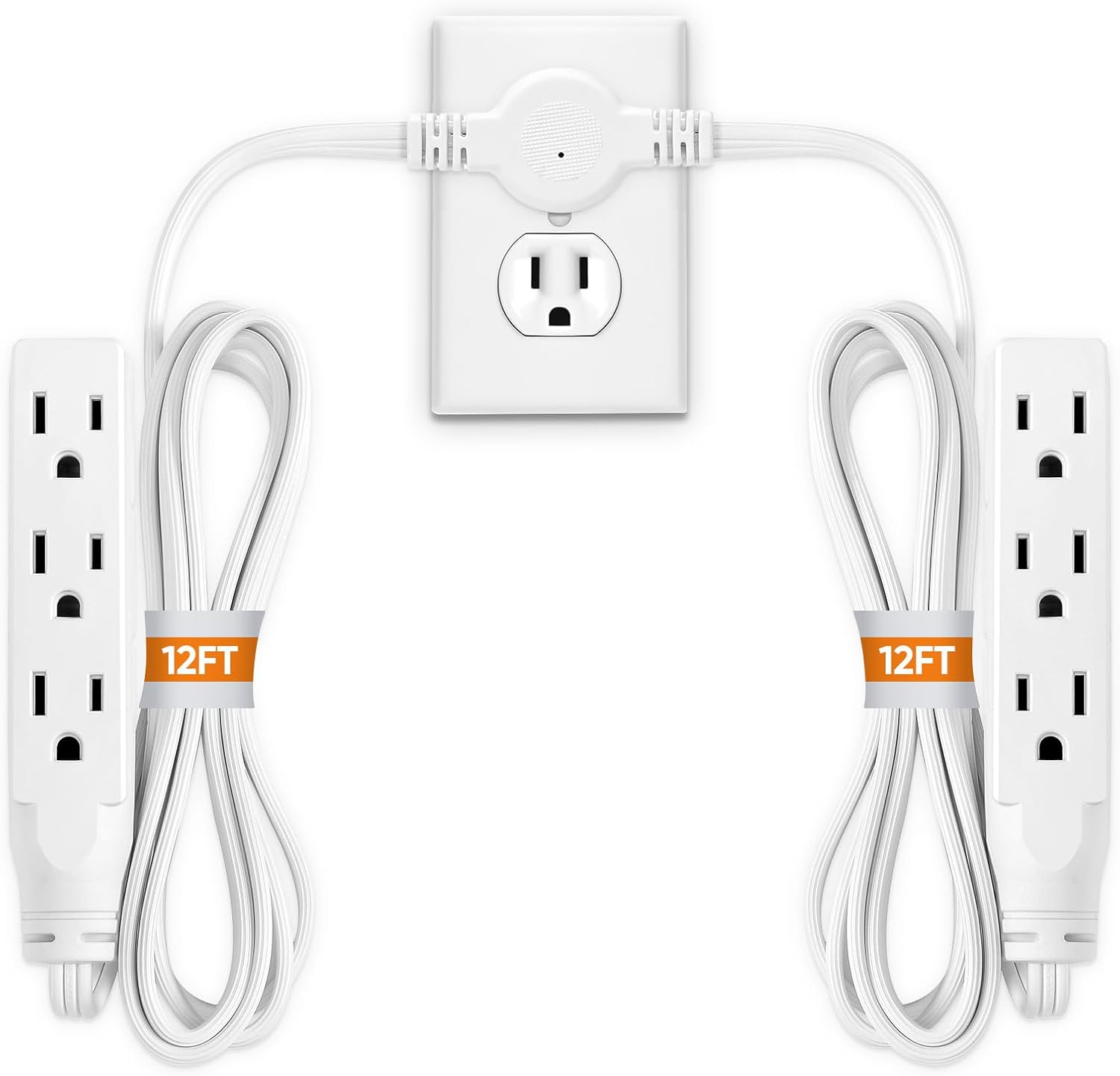 Twin Extension Cord Power Strip - 24FT Dual Extension with Flat Wall Plug, Split Extension Cord with Multiple Outlets, Double Head Outlet for Behind Bed, Couch,Indoor Flush Design(White)