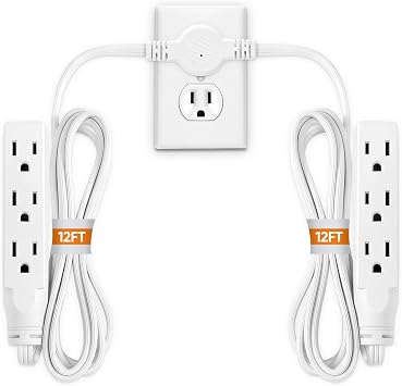 Twin Extension Cord Power Strip - 24FT Dual Extension with Flat Wall Plug, Split Extension Cord with Multiple Outlets, Double Head Outlet for Behind Bed, Couch,Indoor Flush DesignWhite
