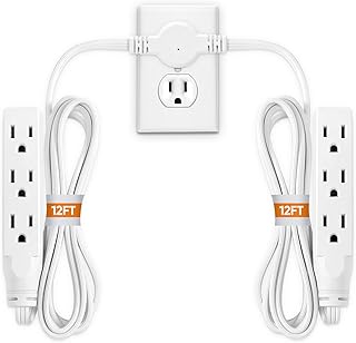 Twin Extension Cord Power Strip - 24FT Dual Extension with Flat Wall Plug, Split Extension Cord with Multiple Outlets, Sleek Socket Double Head Outlet for Behind Bed, Couch,Indoor Flush Design(White)