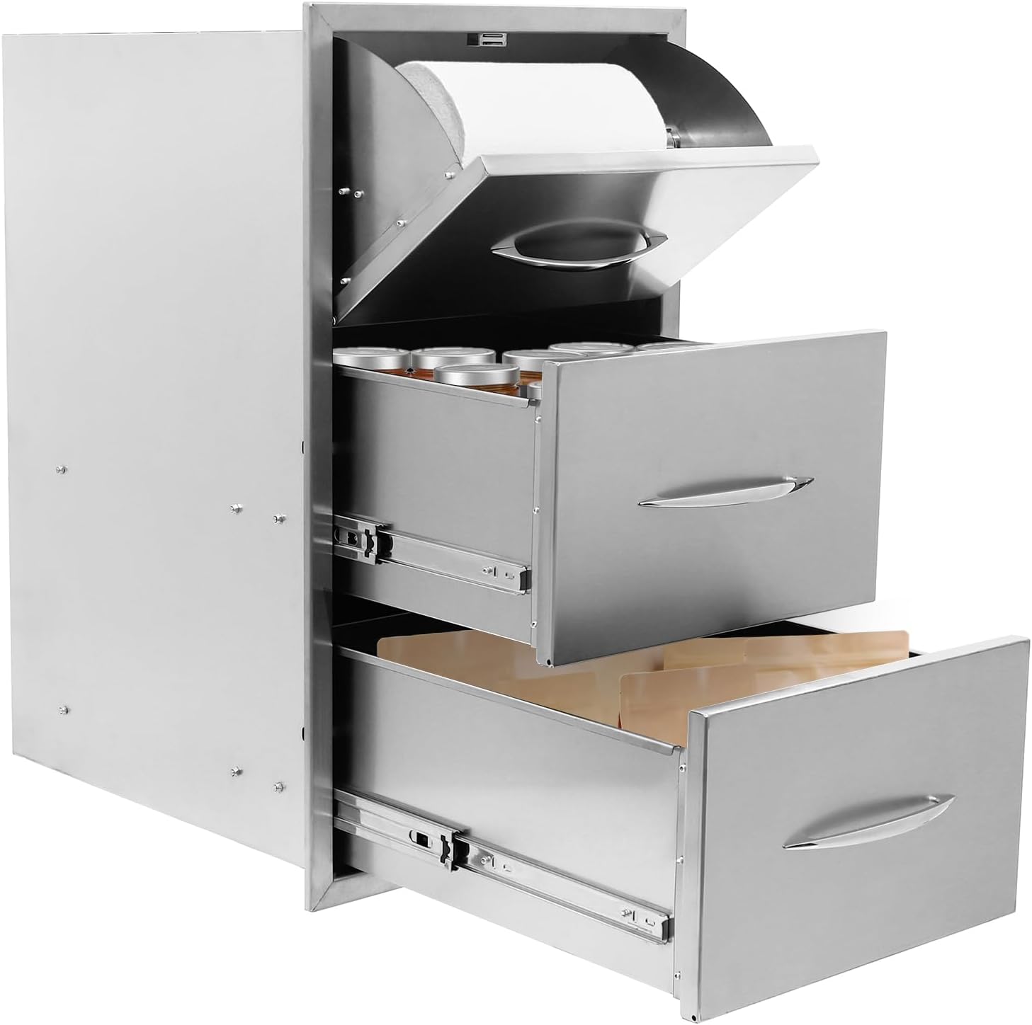 Outdoor Kitchen Drawers, 18" W x 20.5" H x 23" D Stainless Steel BBQ Drawer with Paper Towel Holder Combo, Flush Mount Triple Access Drawers with Handle for Outdoor Kitchen Island, Patio Grill Station