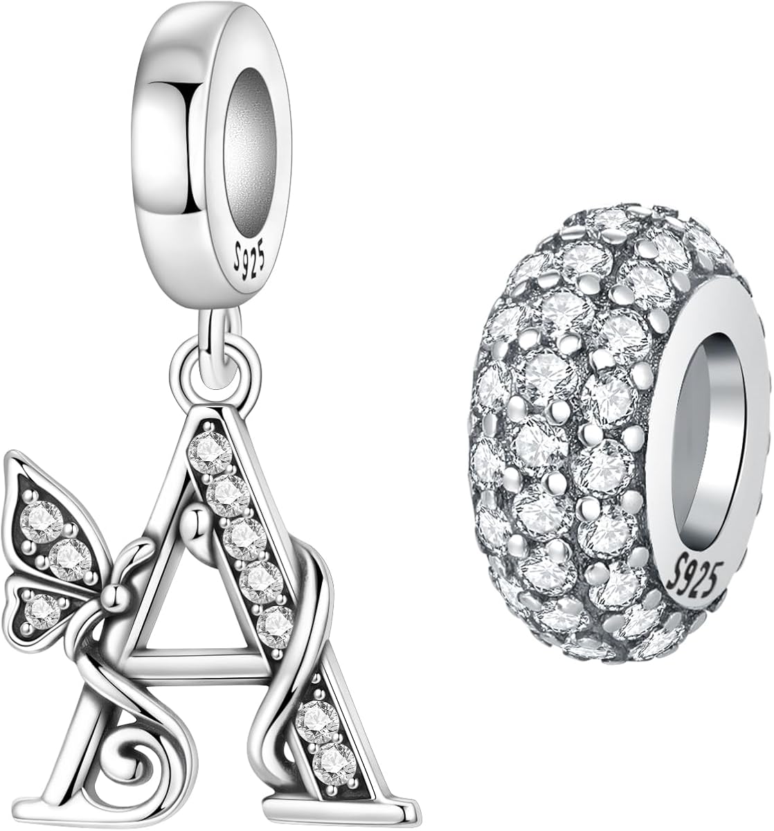 Paquete de 2 dijes de letras de mariposa de plata de ley 925 para pulseras y collares, colgantes con iniciales del alfabeto, cuentas espaciadoras redondas, pavimentan circonitas cúbicas, regalo de joyería para mujeres