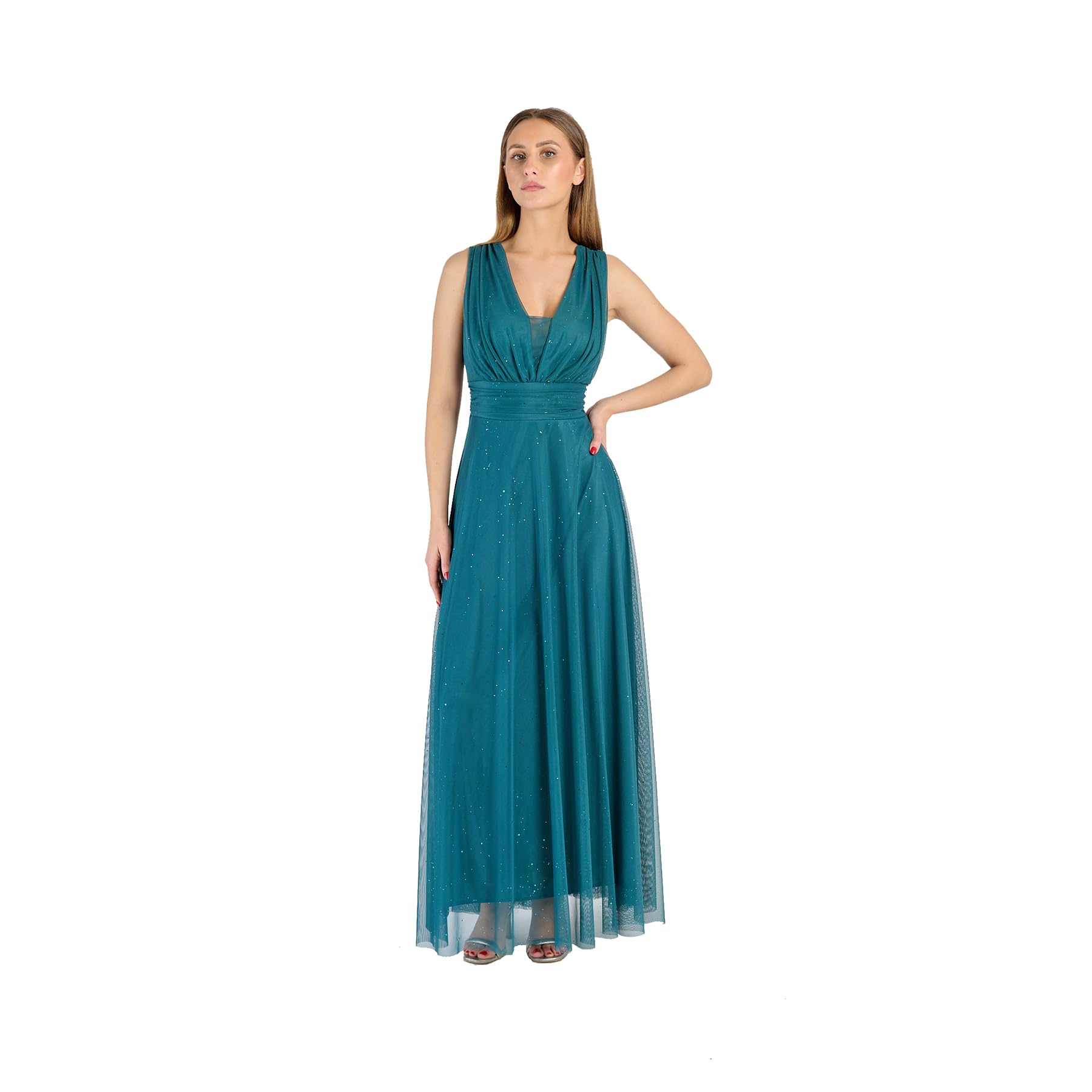Abito Lungo Elegante Donna con Stola Coordinata, Scollo a V, – Vestito da Cerimonia Made in Italy