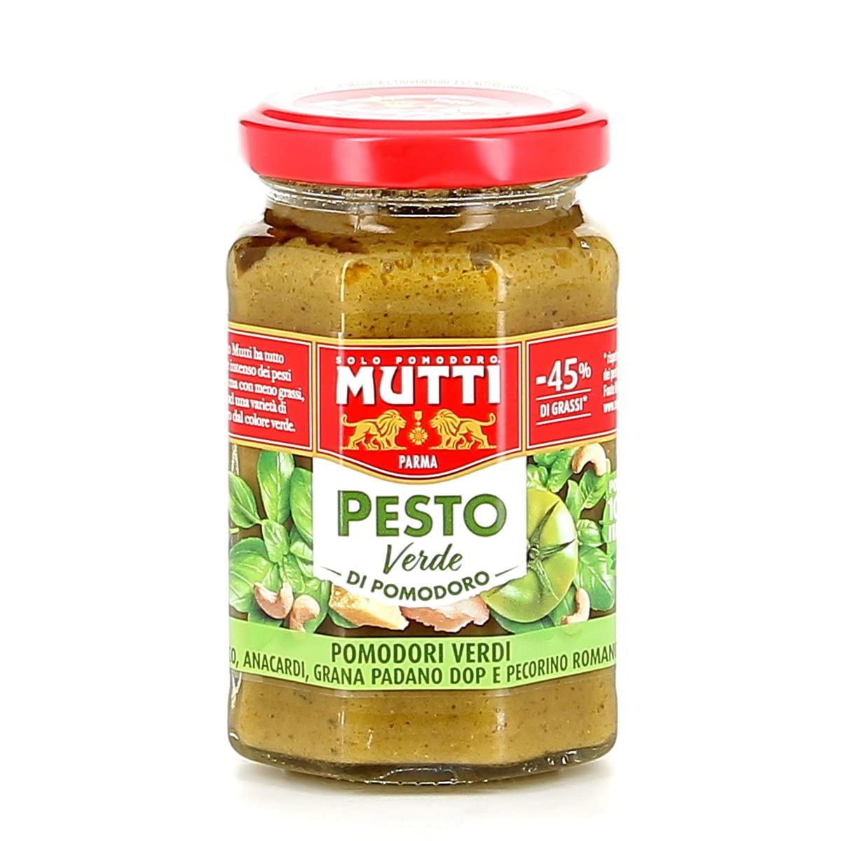 12x Mutti Pesto Verde Pomodori Verdi Grünes Tomatenpesto Pasta Sauce 100% italienische Tomate Glas 180g Würzsaucen mit Cashewnüssen, Grana Padano und Pecorino Romano