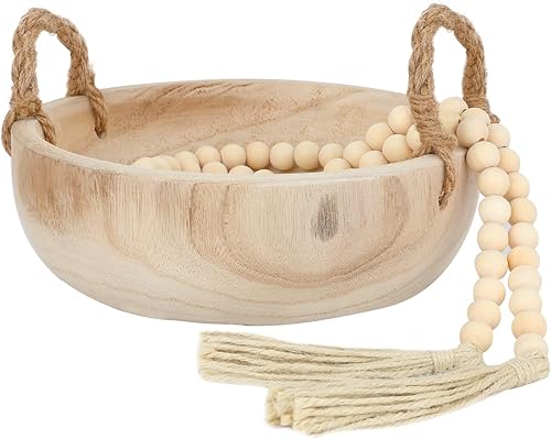 Miniatura 3 de Cuenco de madera rústico de madera natural, cuenco redondo hecho a mano con mango de cuerda de 4.9 ft y guirnalda de cuentas de madera para