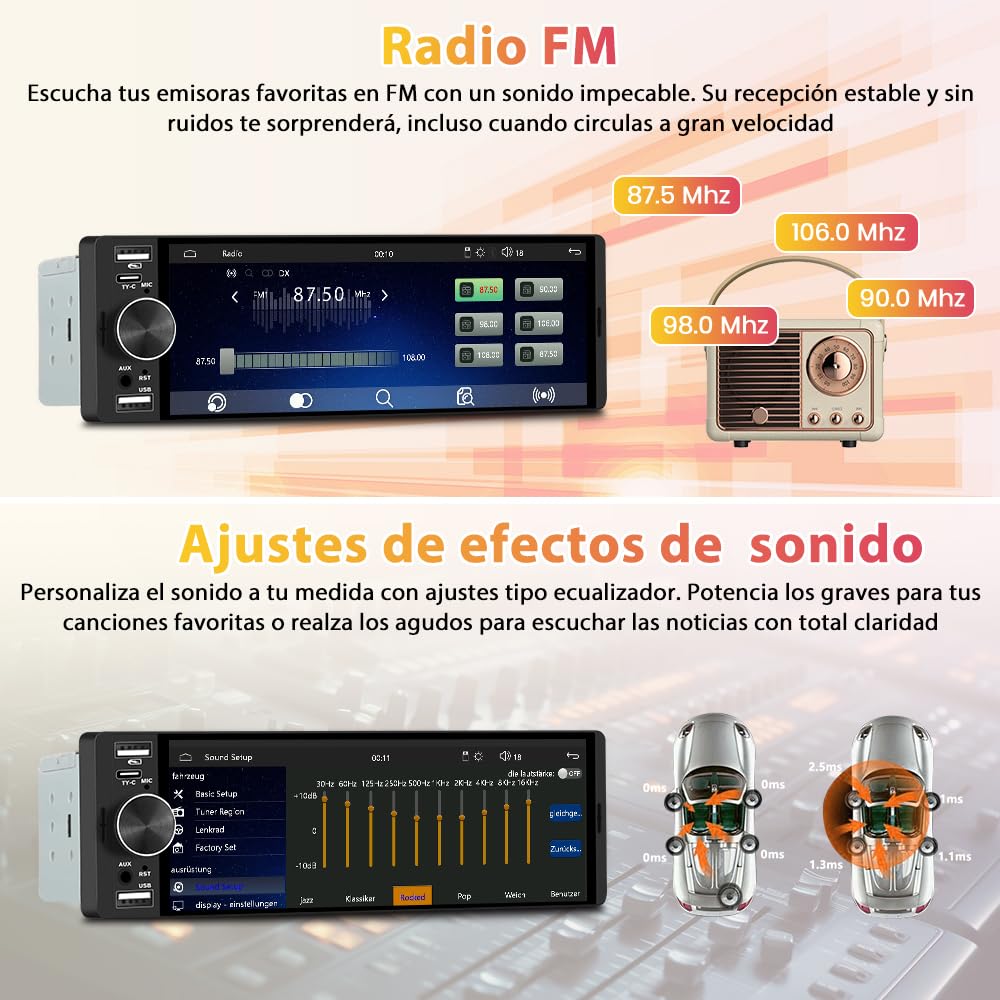 Junsun Radio Coche Universal 1 DIN con 6.36 Pulgadas Pantalla Táctil, con CarPlay/AndroidAuto/Admite