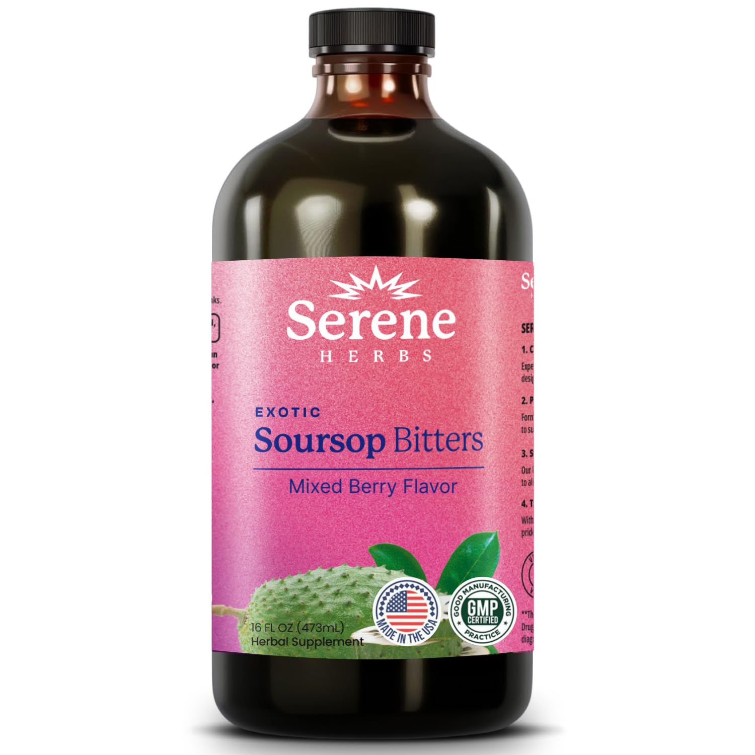 Serene Herbs Soursop Bitters Liquid with Soursop Leaves for Gut Cleanse, Detox & Immune Boost with Black Seed, Moringa, Irish Moss, Ashwaganda, Turmeric,(16 Fl Oz (Pack of 1), Mixed Berry)