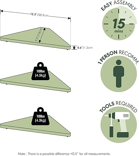Miniatura 3 de Furinno Rossi - Estantes flotantes triangulares para pared, juego de 3 estantes geométricos de esquina, estantes montados en la pared para baño,