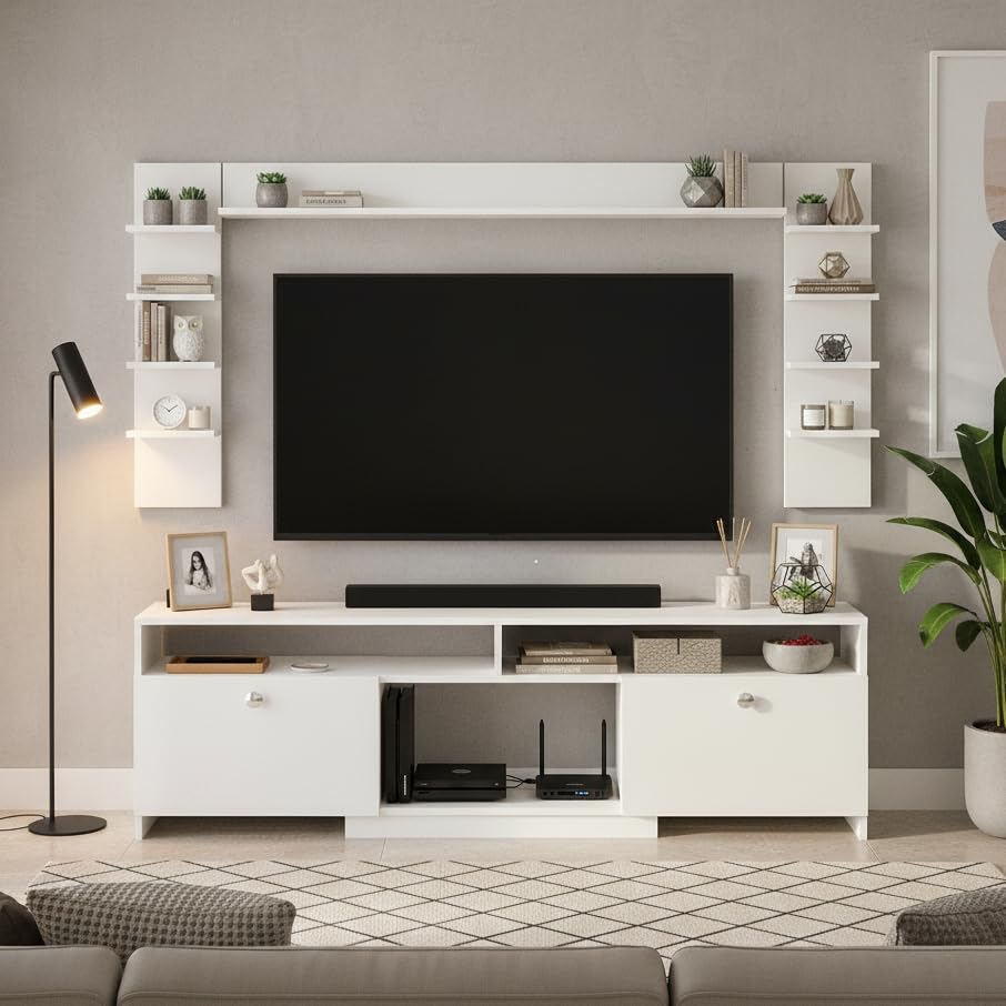 Samnor Engineering Wood Floor TV Cabinet/Entertainment Unit/Set Top Box Stand/TV Table with Storage & Display Shelves (Exotic Teak) for 65 Inch TV Screen (White)-image-43