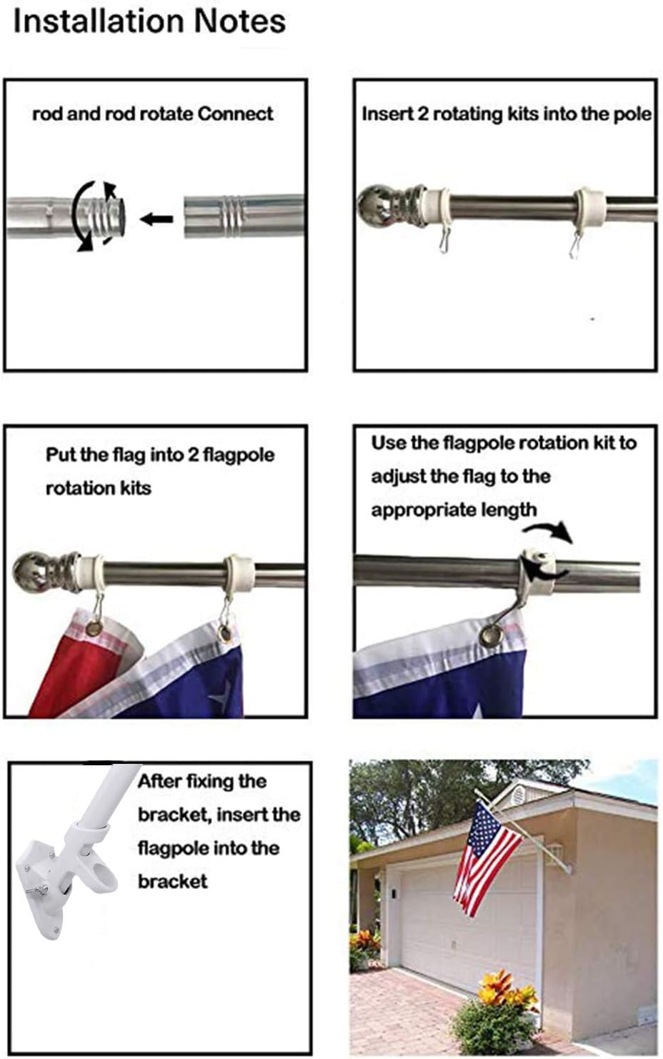 5 FT Flag Pole Kit for House, American Flag Pole Bracket, Outdoor Wall Mount Stainless Steel Flagpole with Rotating Rings, Use for Backyard Garden Yard Truck Decoration（Pole & Bracket Only）