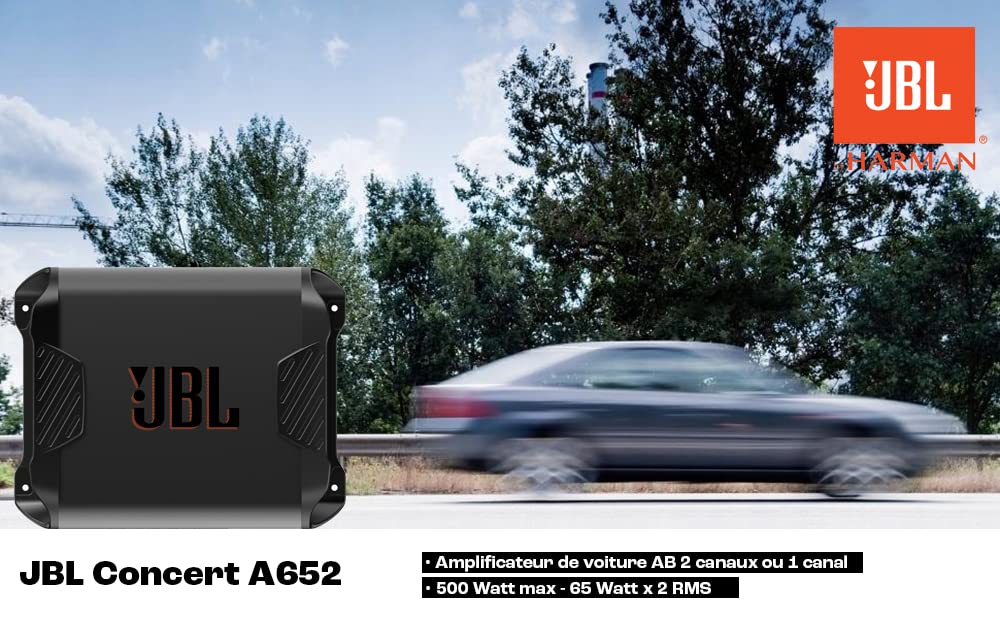 JBL Concert A652 Amplificateur Audio Voiture à 2 Canaux de Classe AB - Ampli Sono Voiture avec 2 x 65 watts RMS - 2 ou 1 canal : 500 watts de pointe pour 2 haut-parleurs stereo, ou 1 subwoofer mono