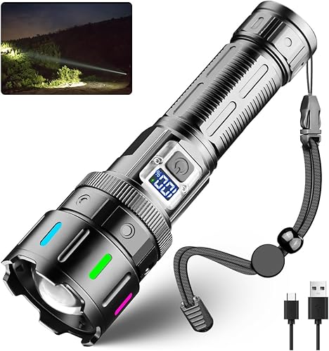 Linternas recargables - Linterna LED de 30 W de alto lúmenes, 5 modos de luz de toch súper brillante, largo alcance, 3280 pies, potente luz de flash