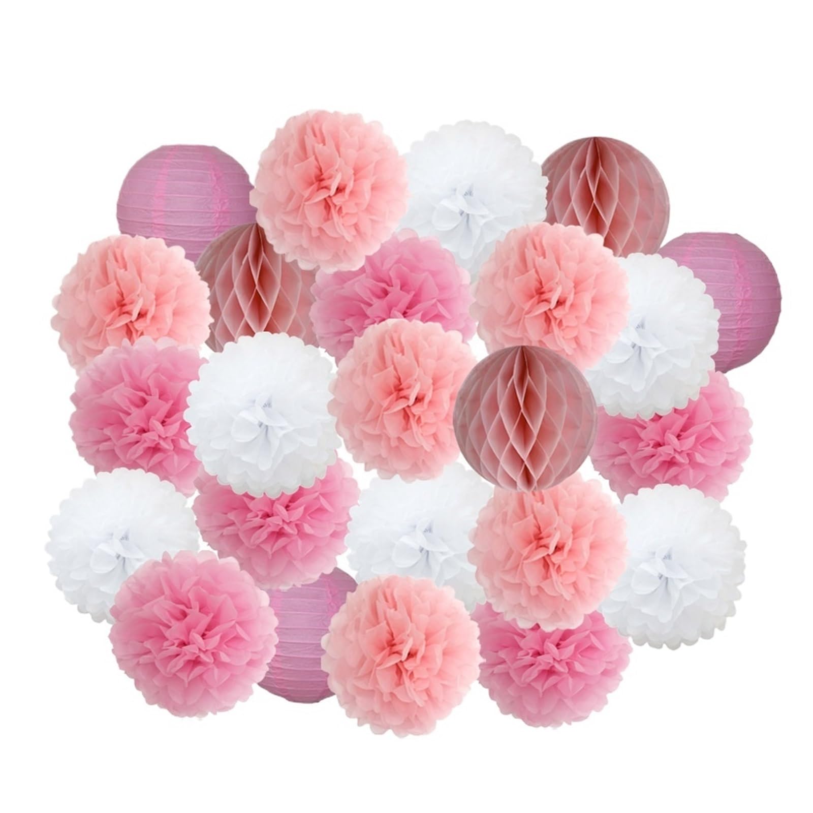 Paper Lanterns Boy Girl Birthday Party Favor Pink White Set Round Paper Ball Lantern Folding Baptism Wedding Decor Pompom(Pink Set,8inch(20cm))
