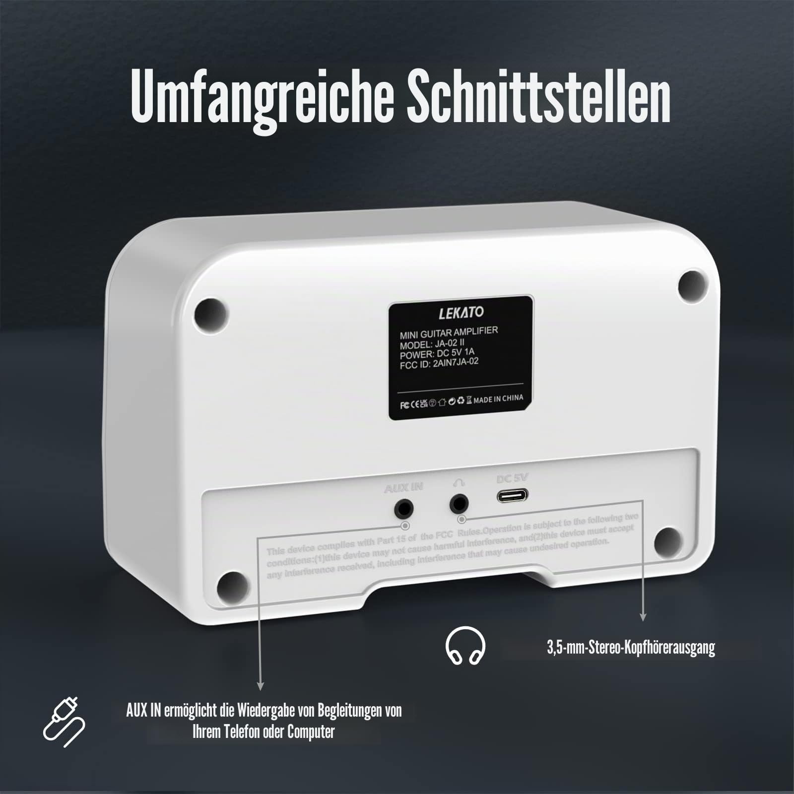 LEKATO 5W Mini Gitarrenverstärker JA-02 II, Tragbarer & Wiederaufladbarer E-Gitarrenverstärker Übungsverstärker mit Clean/Overdrive, Bluetooth 5.0, Kopfhörerausgang – Ideal für E-Gitarre (Weiß)