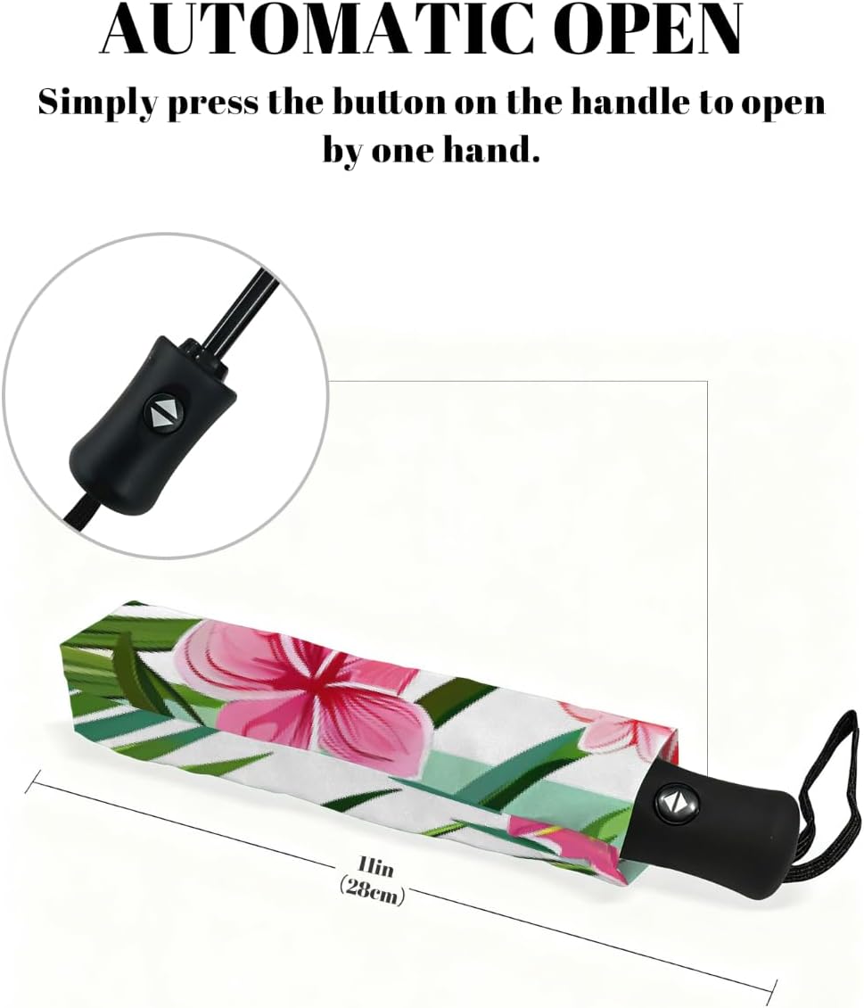 Tropical Stripe Hibiscus Leaves Folding Umbrella Windproof Compact Lightweight Travel Umbrella with 8 Reinforced Ribs, Portable UV Sun & Rain Protection for Men & Women