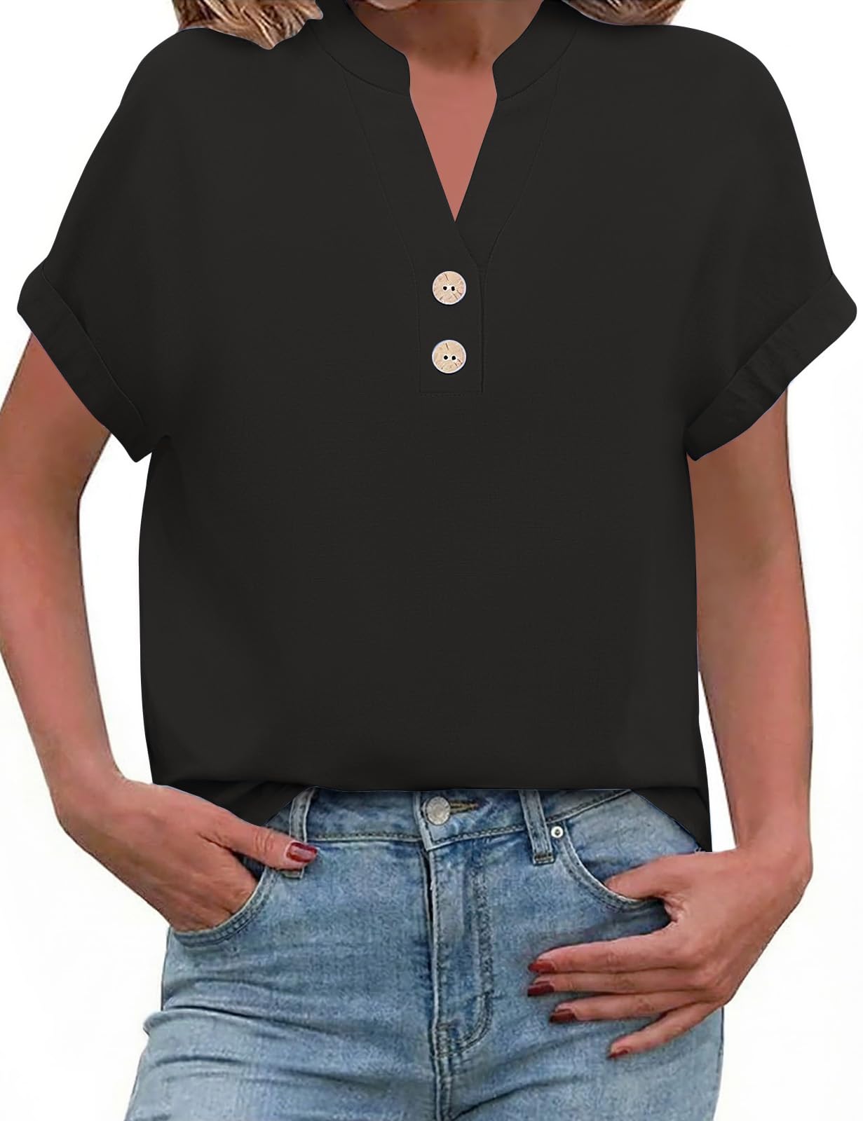 PASUDA Camicia Estiva Donna Blusa Lino Elegante Camicetta Manica Corta Camicia Scollo a V Button Down Camicia Tinta Unita Classico Top Estive T Shirt