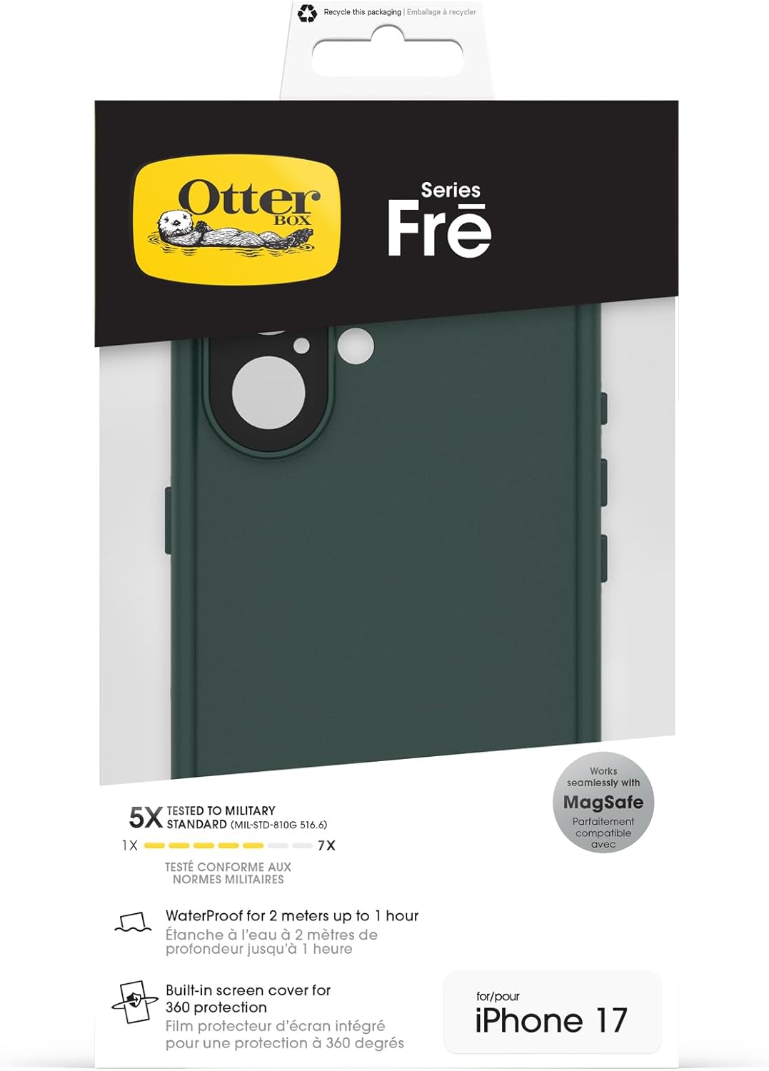 OtterBox Frē Series MagSafe Case for iPhone 17, Waterproof (IP68), Shockproof, Dirt-Resistant, Case with Built-in Screen Protector, 5X Military Standard Tested, Green