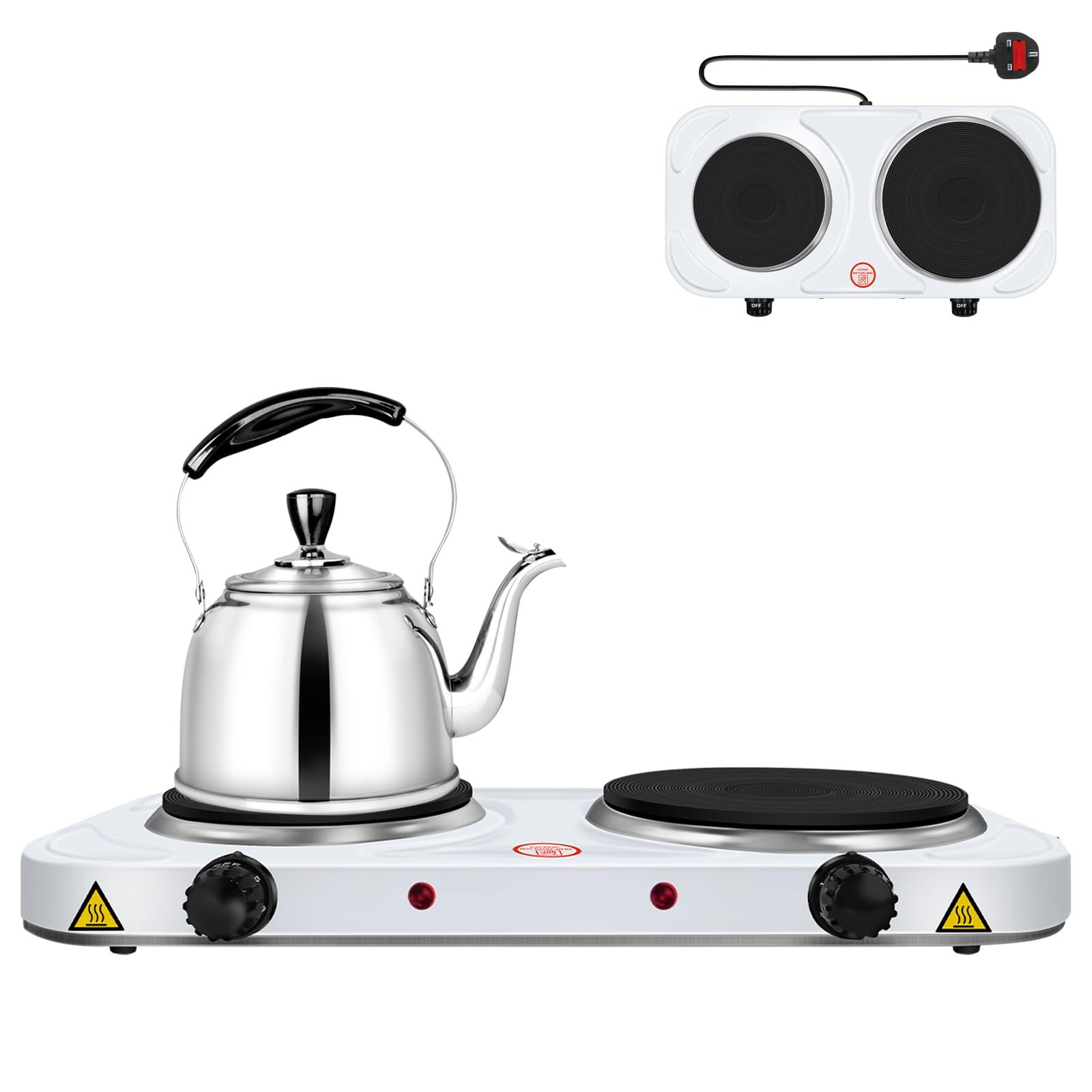 Hot Plate 2 Ring Hobs with Cast Iron Heating Plates with 5 Levels Separate Thermostat Control Portable Electric Table-Top Cooking for Home, Camping & Caravan (1000W＋1500W) - White