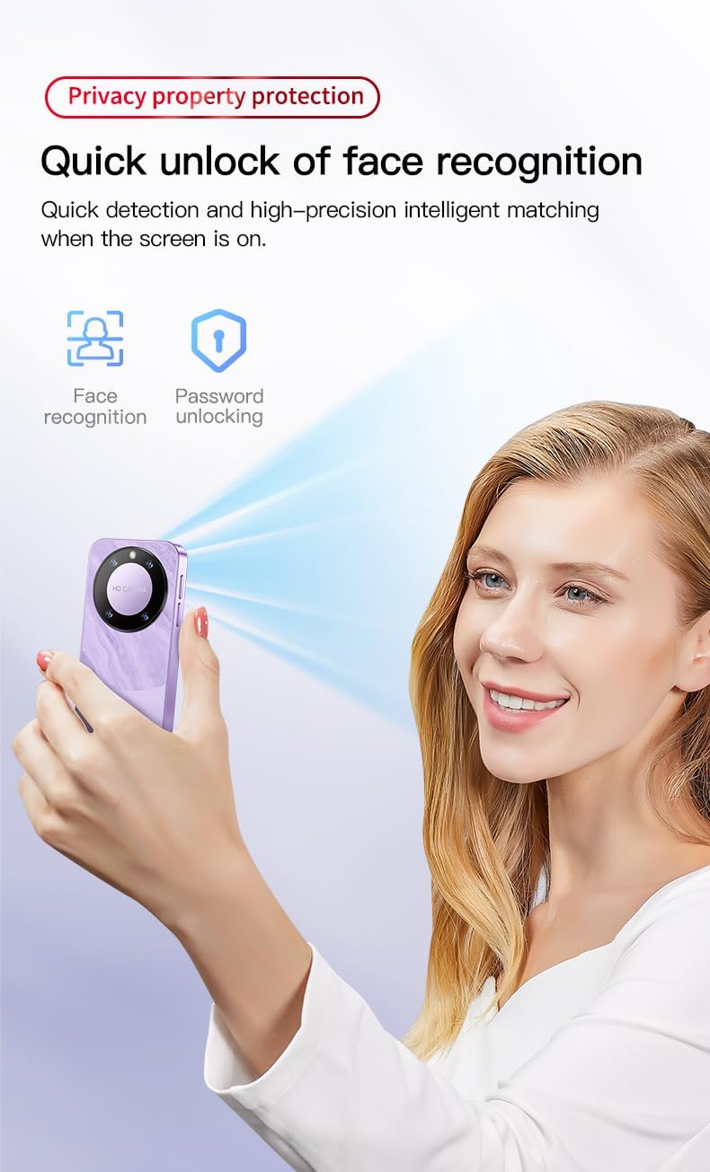 A person unlocking the Truely F8 Pro Max mini smartphone using face recognition technology, with icons for face recognition and password unlocking.