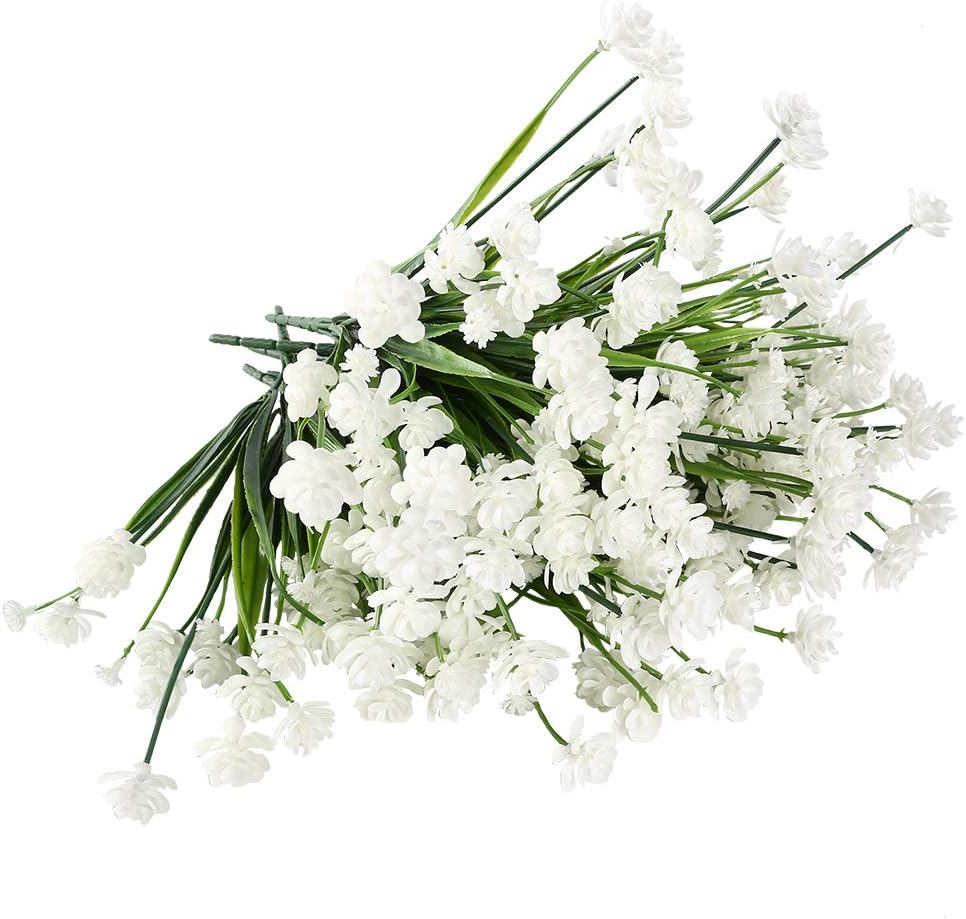 20 Bundles Artificial Outdoor Flowers Fake UV Resistant No Fade Greenery Faux Plants Shrubs for Indoor Outside Hanging Planter Home Office Wedding Farmhouse Decor (White)