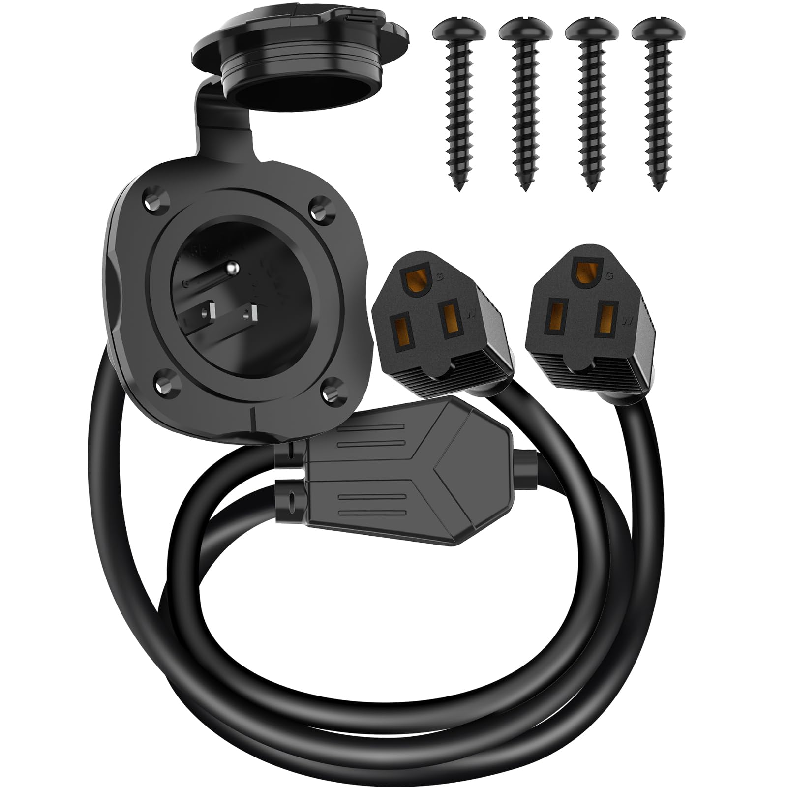 15 Amp AC Port Plug, 125V Power Inlet Socket with Waterproof Cover & Integrated Dual 18" Extension Cord, 2 Pole 3-Wire NEMA 5-15 Flanged Generator Inlet Plug for RV Boat Electrical Connections