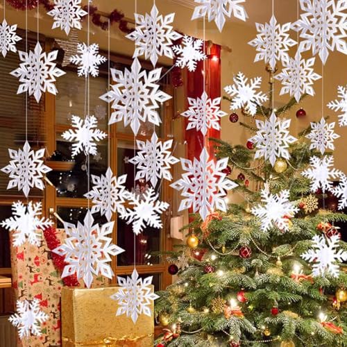 Image of OuMuaMua Winter Christmas Snowflake Decorations Indoor, 36PCS 3D White Snowflakes Hanging Ornaments for Home Christmas Holiday Winter Wonderland New Year Party Decorations