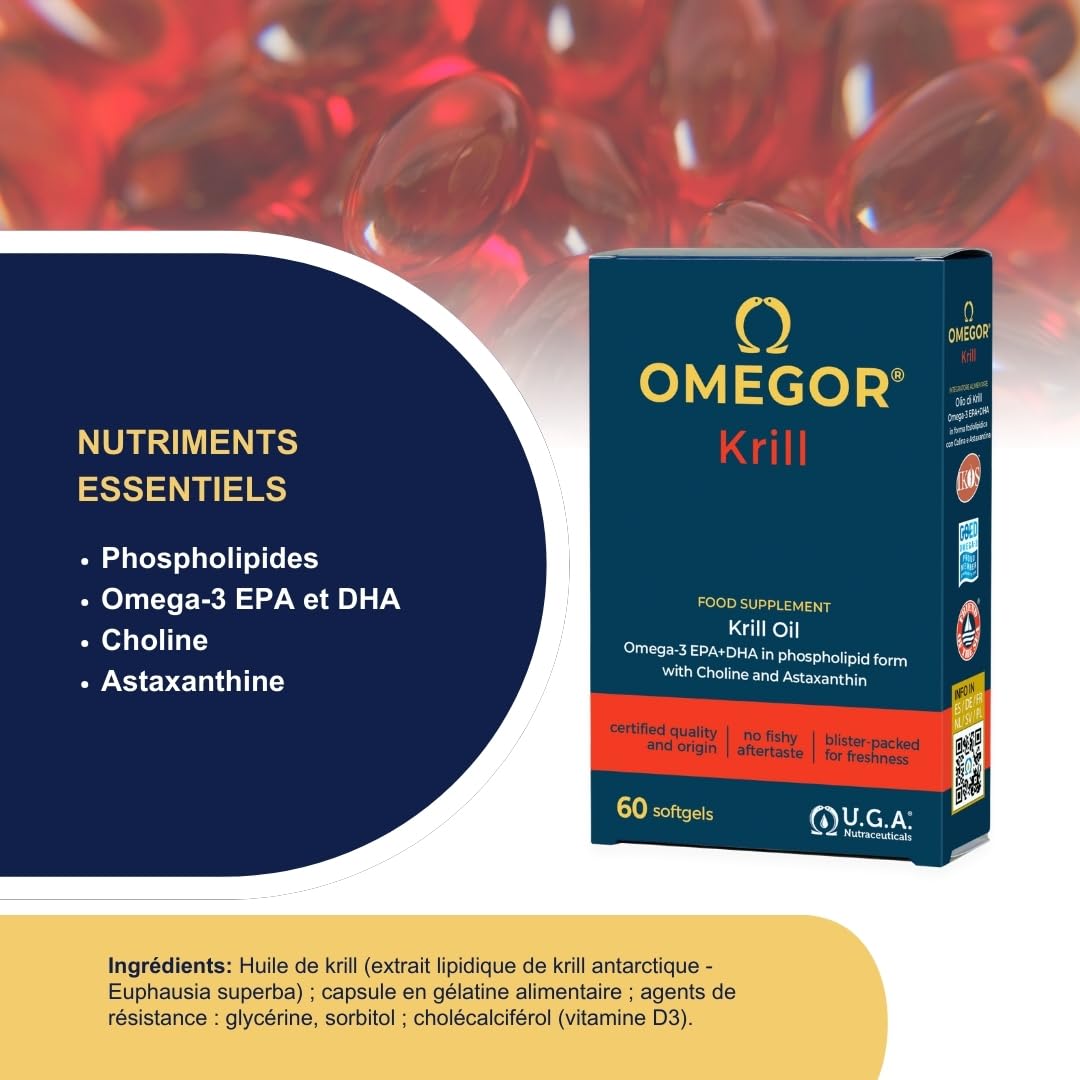 Omegor Krill - Complément alimentaire avec phospholipides, choline, Oméga-3 et astaxanthine à haute biodisponibilité - 260 mg d'EPA et DHA - Sans arrière-goût - Facile à avaler - 60 capsules