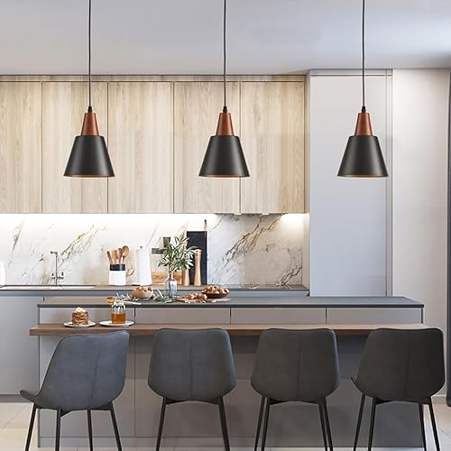 Miniatura 2 de Paquete de 2 luces colgantes, luces colgantes negras para isla de cocina, cúpula de madera, luces colgantes industriales minimalistas para isla de