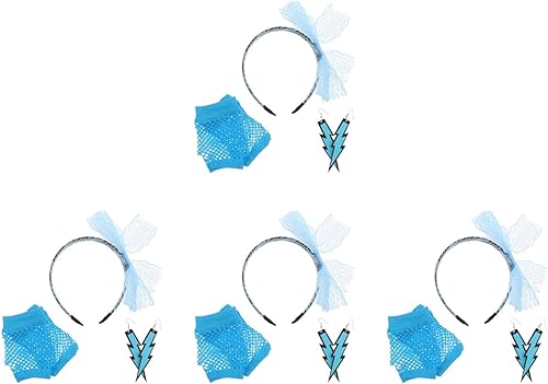 LOGOFUN 4Sets Retro Party Lace Headband Neon 80s Earrings Fishnet Gloves 80s Themed Photo Props for Women Cosplay Dance Costume Accessories - Blue