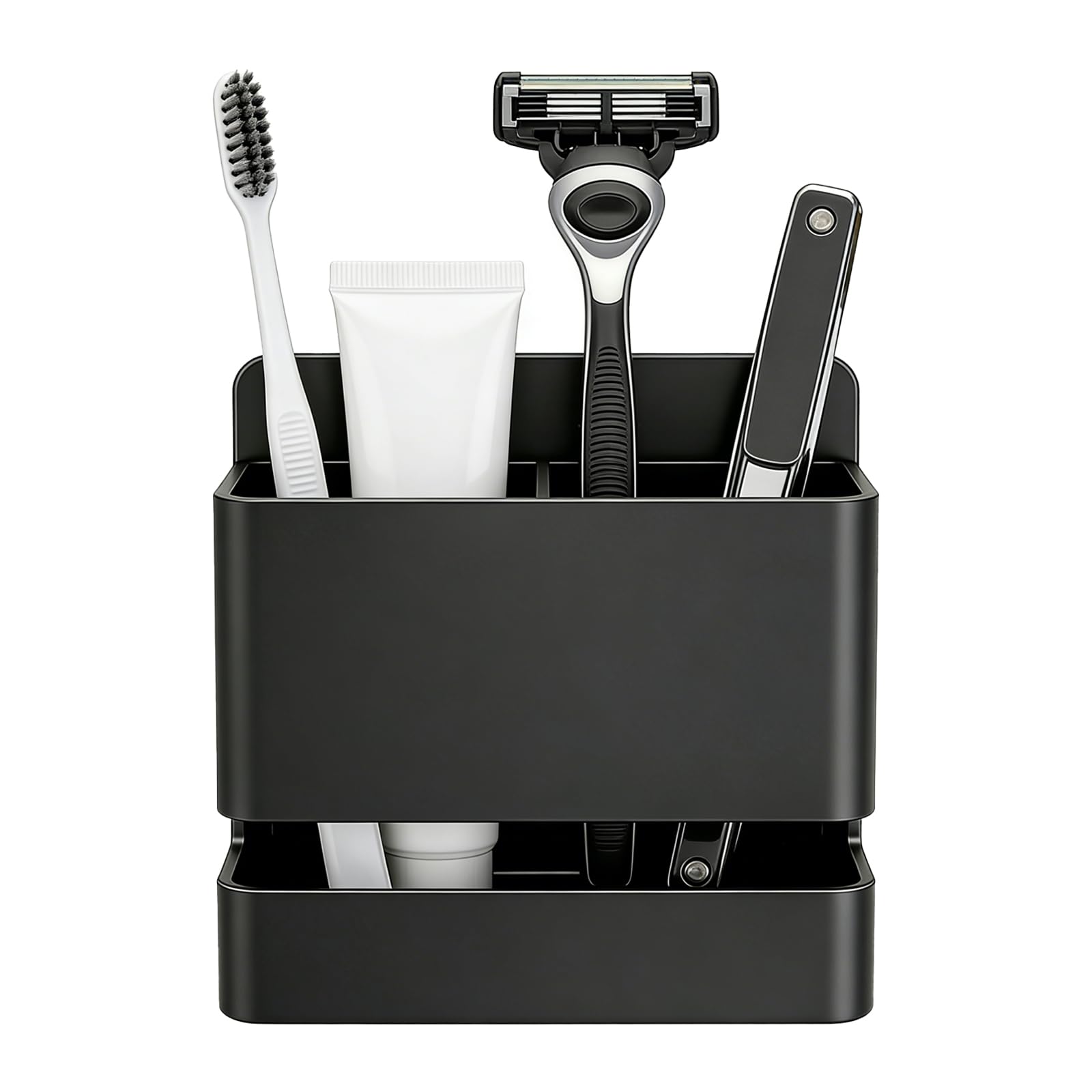 Black Aluminum Bathroom Toothbrush Holder with Double Slot, Self-Adhesive Wall Mounted No-Drill Design - Water Drain Slots & Removable Storage Rack for Toothbrush, Toothpaste, and Razor Organization