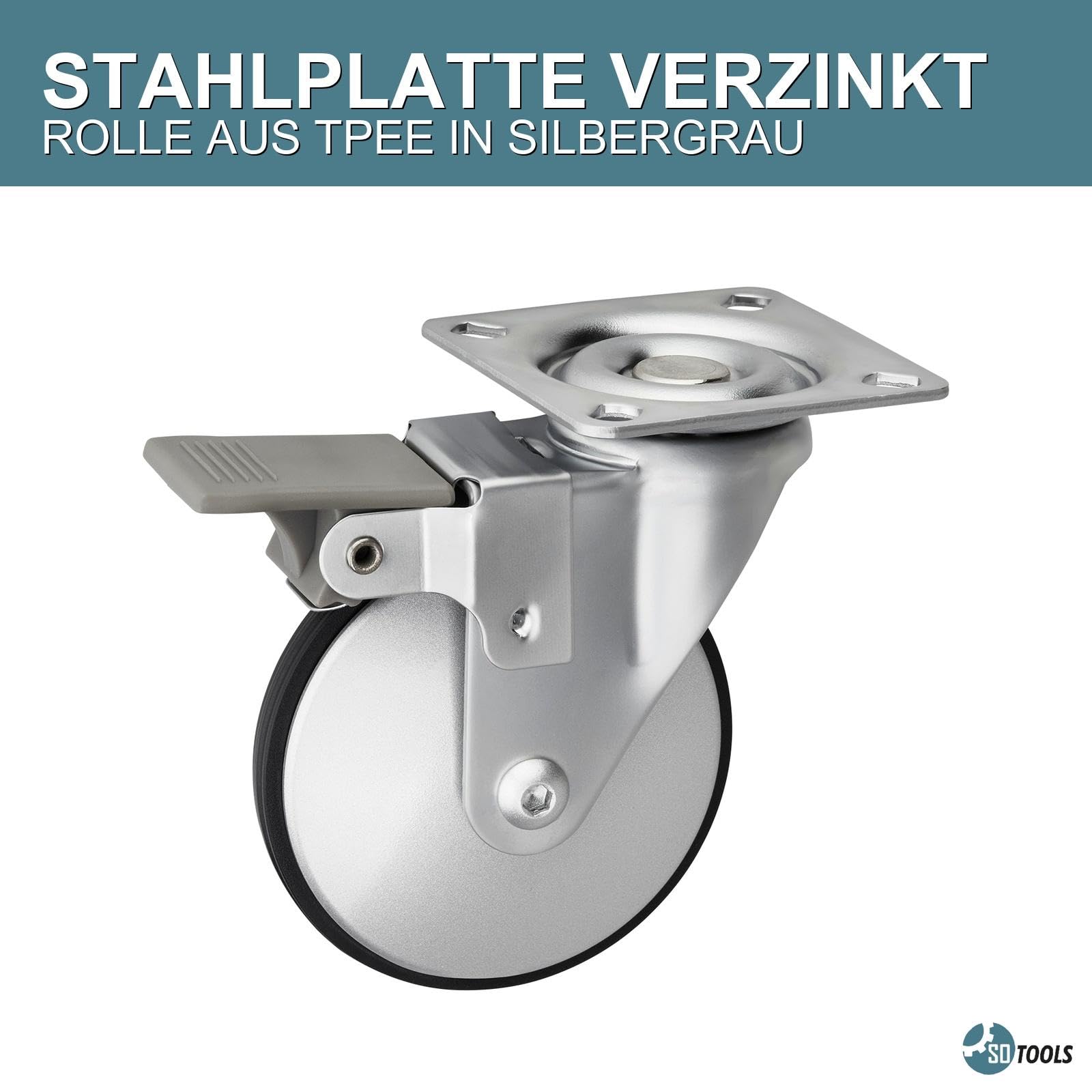 SOTOOLS 4er Set Lenkrollen HANS für Möbel 360° drehbar mit Bremse – Möbelrollen in silbergrau, 75 mm, TPEE, belastbar bis 140 kg, Anschraubplatte, Schraubenset 5 x 17 mm