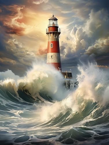 Kit de pintura de diamante de taladro redondo completo 5D por número para adultos principiantes, faro y escena oceánica, cuentas de diamante, arte