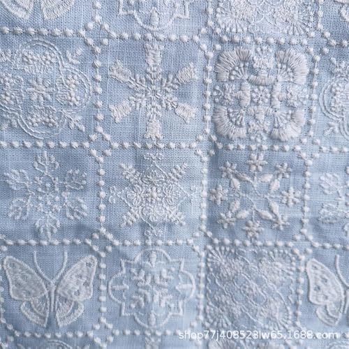Material for Sewing Flower Butterfly Embroidered Fabric Cotton Linen Making Clothing Handmade Cloth(Blue)