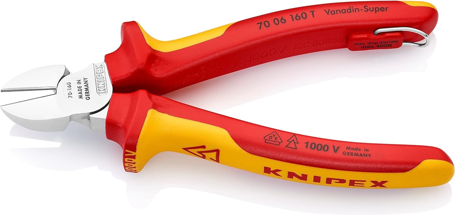 KNIPEX Tronchese laterale in blister cromata isolante con, 70 06 160 T BK | manici rivestiti in materiali bicomponente, collaudati VDE; con anello di